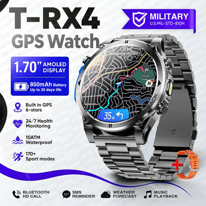 2026 New Military T-RX4 Ultra GPS Smart Watch Men 10ATM Waterproof Compass Flashlight Bluetooth Call Sports tracker Smartwatch