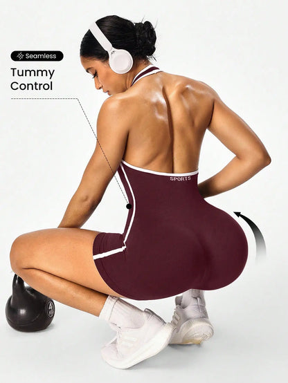 Women's Backless Color-Block Cross-Body Fitness Jumpsuit – Stretchy Yoga One-Piece Outerwear Ideal for Workout, Training & Daily