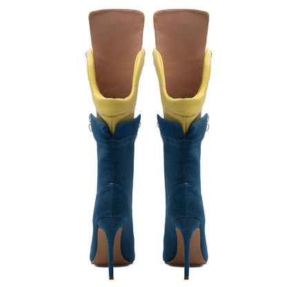 Color Block Denim Stiletto Mid Calf Boots Contrast White Toe Yellow Fold Over Cuff Front Lace Up Slim Heel Booties Women Punk