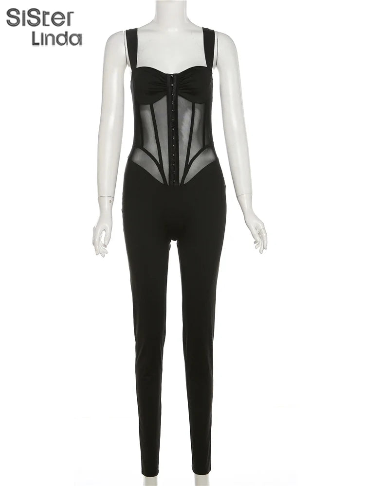 Sisterlinda Mesh Patchwork Hipster Jumpsuit Women Sleeveless Single-Breasted Elegant Sexy Midnight Workout Overalls Clubwear2024
