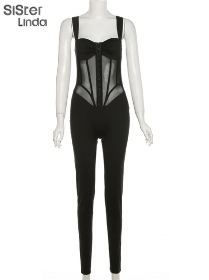 Sisterlinda Mesh Patchwork Hipster Jumpsuit Women Sleeveless Single-Breasted Elegant Sexy Midnight Workout Overalls Clubwear2024