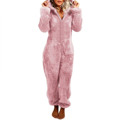 Women Winter Warm Plush Romper Pajamas Solid Color Long-Sleeve Zipper High Neck Hooded Homewear S/M/L/XL/2XL