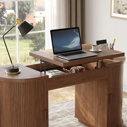 59 Inch Lift Top Office Desk with USB Charging Ports & Storage, Mid-Century Modern Fluted Curved Computer Study Desk with Adjustable Height for Home Office