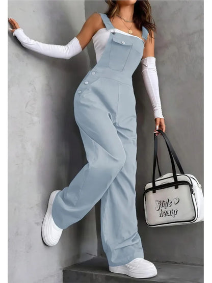 Women's Casual Bib Overalls Adjustable Shoulder Strap Pocket Wide Leg Jumpsuit Loose Straight Women Streetwear Suspender Pants