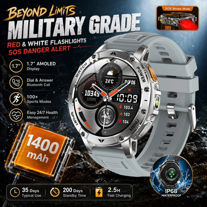 TANK Ultra Outdoor Smartwatch 1400mAh Battery Military Watches Waterproof Two-color Tactical LED Flashlight Men Sports Bracelet