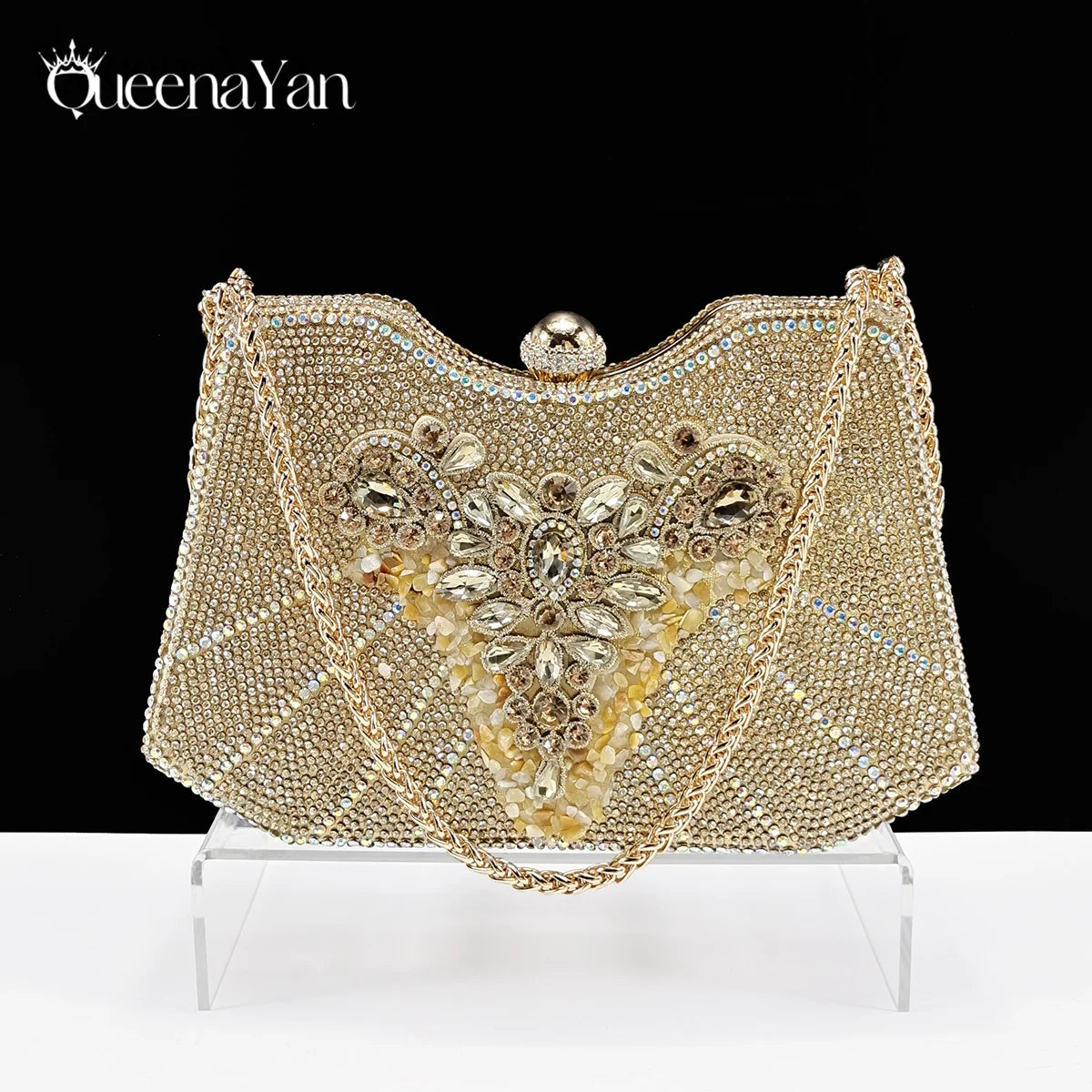 Queena Yan Elegant Mature Style Colorful Rhinestone Decoration Design Gold Party Wedding Pointed Toe Lady High Heels and Bag Set