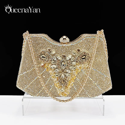 Queena Yan Elegant Mature Style Colorful Rhinestone Decoration Design Gold Party Wedding Pointed Toe Lady High Heels and Bag Set