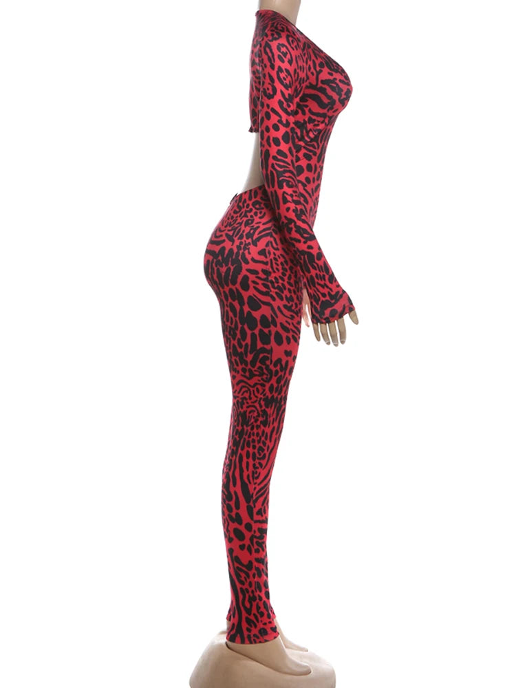 Kliou Leopard Print Jumpsuits Woman Low-Neck Full Sleeve Hollow Waistless Design Hot Girls High Street Fashion Style Overalls