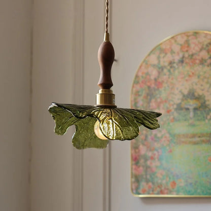 IWHD Home Decor LED Pendant Lights Kitchen Restaurant Copper Socket Flower Green Glass  Nordic Modern Walnut Wood Hanging Lamp