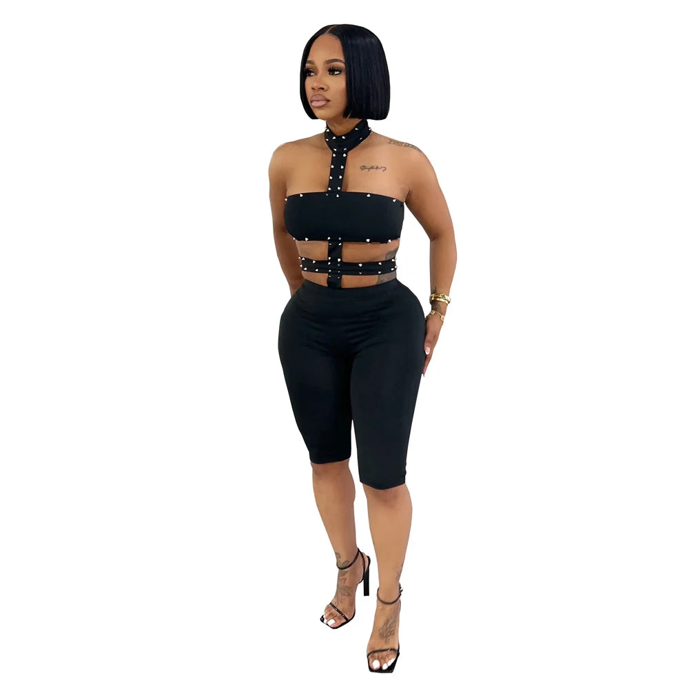 Beads Decorate Playsuits Women Hot Commodity Jumper One Piece Jumpsuit Sexy Halter Cutout Sleeveless Backless Skinny Rompers