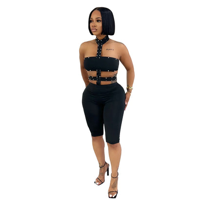 Beads Decorate Playsuits Women Hot Commodity Jumper One Piece Jumpsuit Sexy Halter Cutout Sleeveless Backless Skinny Rompers