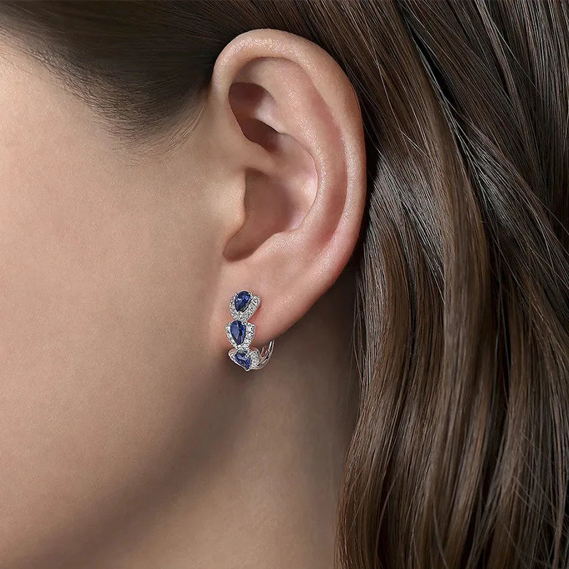 925 Sterling Silver Luxury Trendy Blue Cubic Zirconia Hoop Earrings Wedding Party Elegant Accessories for Women Jewelry Gift