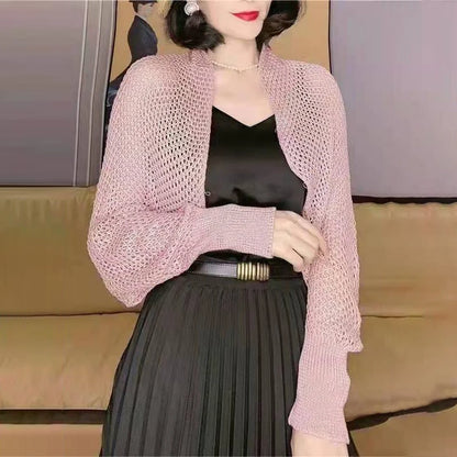 Summer Women Solid Color Hollow Out Long Sleeve Sunscreen Loose Knitted Cardigan