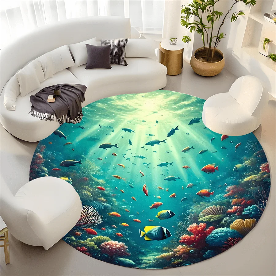 Underwater Coral Reef Fish Round Rug Ocean Marine Life Decor Soft Flannel Living Room Bedroom Bathroom Floor Mat Carpet