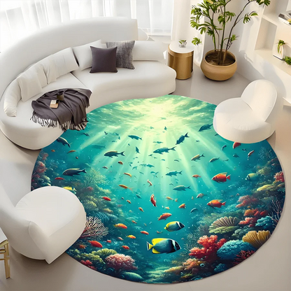 Underwater Coral Reef Fish Round Rug Ocean Marine Life Decor Soft Flannel Living Room Bedroom Bathroom Floor Mat Carpet