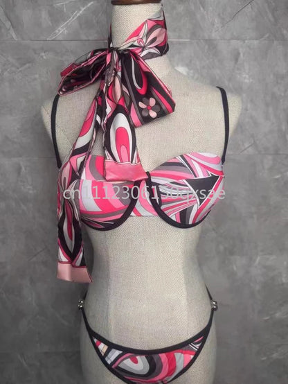 Classic Design Women's Headband Swimsuits with Letter Signature Logo Designer Brand Lady Sexy Scarf Swimsuits Beachwear