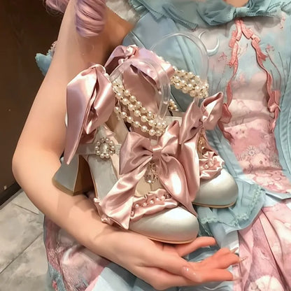 Sweet Lolita Women High Heels Luxury Designer Court Style Velour Bowknot Princess Dress Shoes Elegant