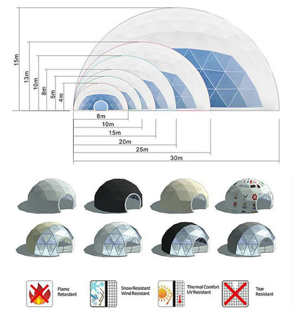 Hot Product Glamping Dome Tent 5m with Damp Proof PVC Windproof for Four Season Family Camping Resort With Dining Bath