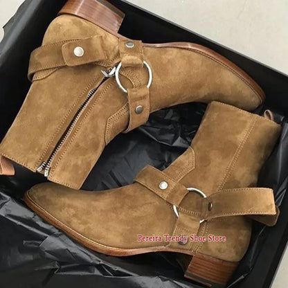 Autumn Winter Retro Chelsea Boots for Men Metal Ring Suede Leather Pointed Toe Short Boots British Style Trendy Men's Shoes