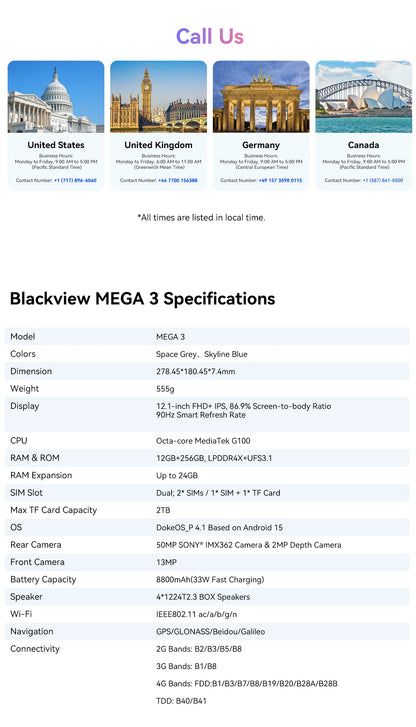 Blackview MEGA 3 Tablet PC 12.1' 2.5K FHD+ Display MTK G100 Octa Core 12GB 256GB 8800mAh 50MP Camera 33W Charger Android 15 Pad