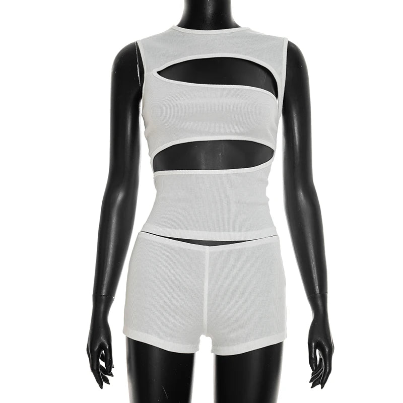 Chic Women Black Round Neck Sleeveless Cut Out Tank Top and Shorts Set for Casual Sexy Party