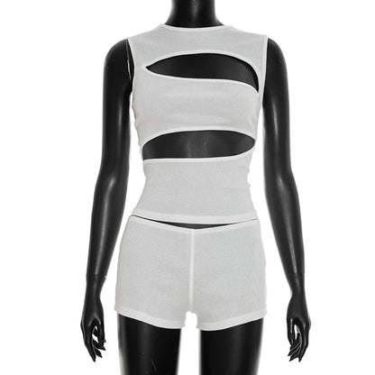 Chic Women Black Round Neck Sleeveless Cut Out Tank Top and Shorts Set for Casual Sexy Party