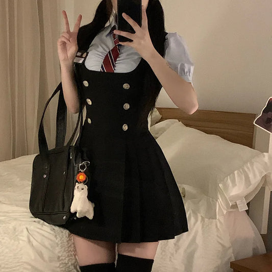 JK High-waisted Slimming Waistband Spicy Girl Long-sleeved Shirt Black Suspenders Dress School Uniform Set for Women Summer