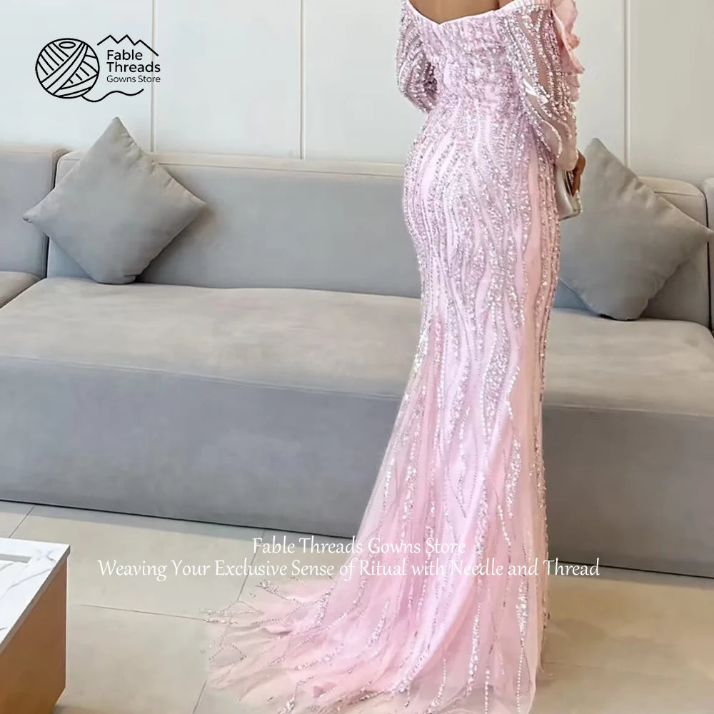 FableT Off Shoulder Long Sleeve Mermaid Evening Dress Beaded Tiered 3D Leaves Pink Women's Party Gowns Luxurious Long Prom Gown