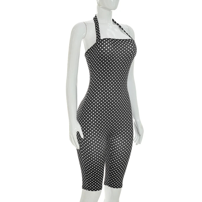 Fashionable polka dot sleeveless hanging neck slim fit jumpsuit, seven part jumpsuit