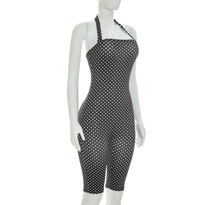 Fashionable polka dot sleeveless hanging neck slim fit jumpsuit, seven part jumpsuit