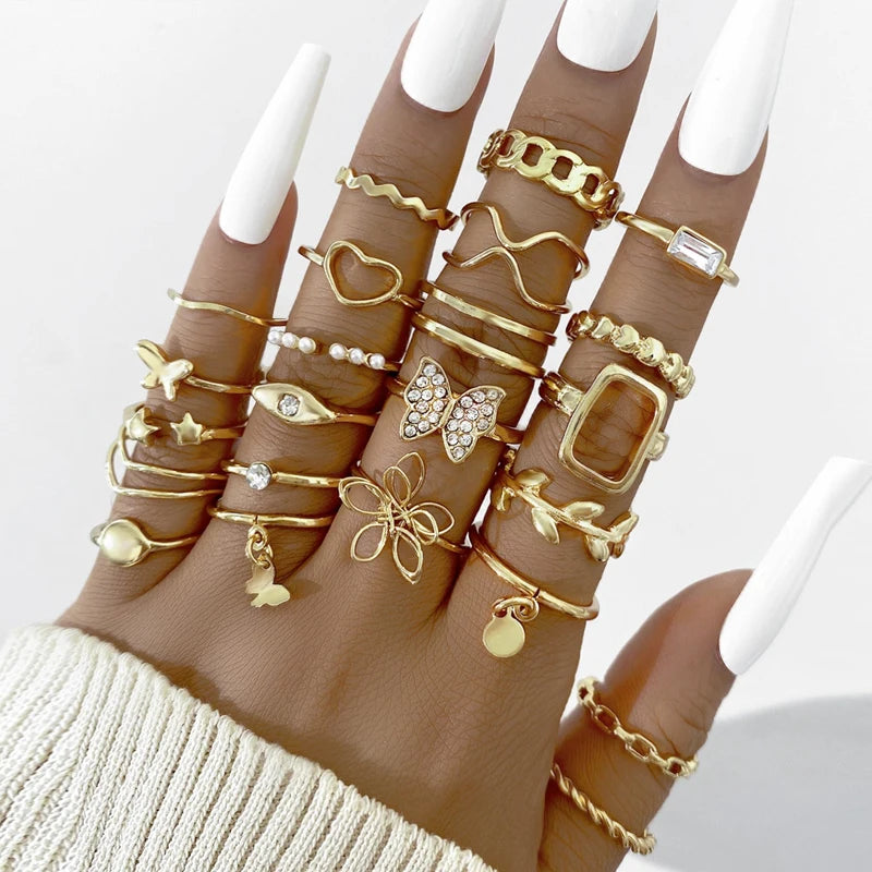 Boho Gold Color Rings Set For Women Fashion Cubic Zircon Heart Star Moon Flower Finger Rings Female Simple Trendy Jewelry Gifts
