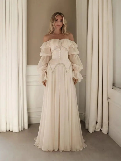 Sharon Said Evening Dresses Luxury A-Line Off Shoulder Chiffon Pearls Crystals Puff Sleeves Wedding Party Gowns SS412 Customized