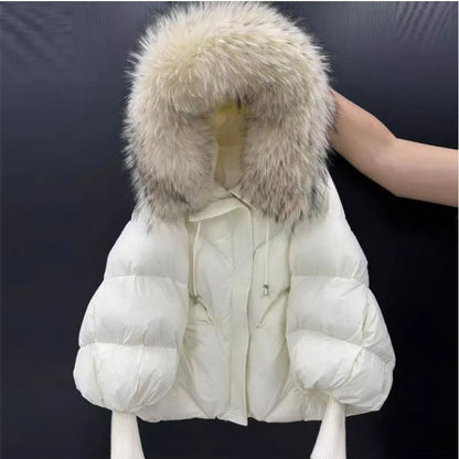 New Wool-neck Hooded Down Jacket Winter Thickened Warmth Loose Duck Down Coat Fashionable Simple Commuting Warm Women's Clothing