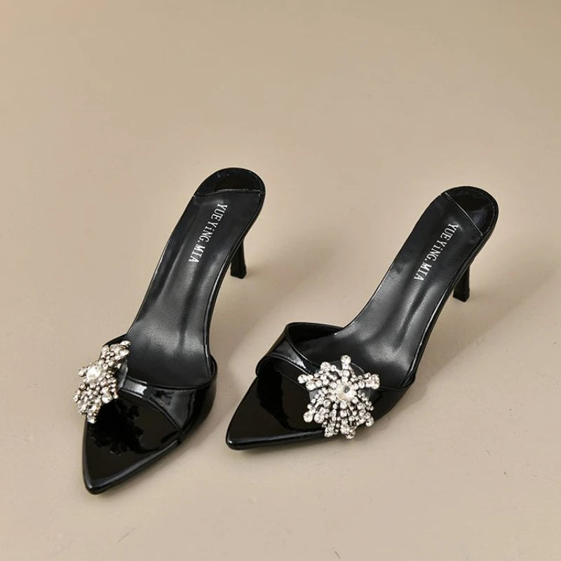 Star style Luxury Rhinestones Flowers PVC Women Slippers Sandals Elegant Thin High heels Mules Slides Fashion Summer Party Shoes