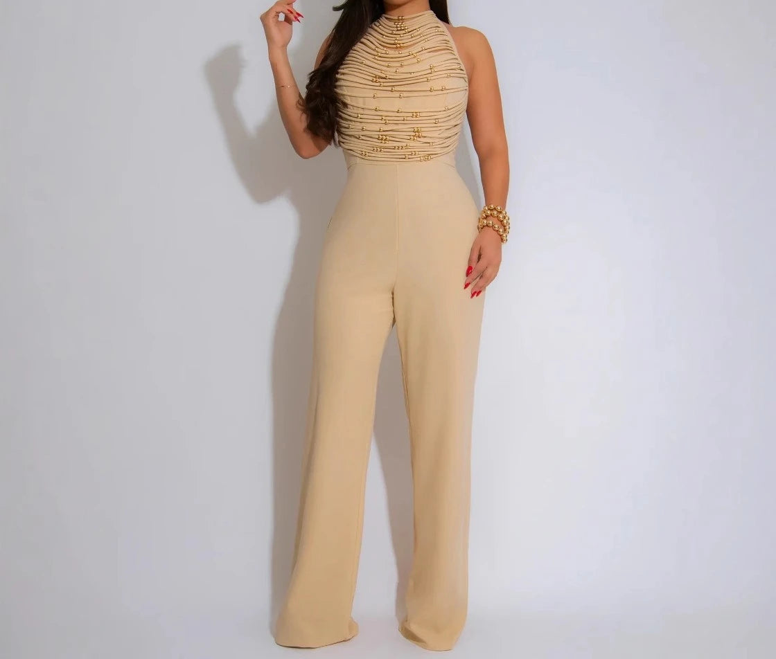 Sexy Women's Beaded Halter Jumpsuits Overalls Summer 2025 Backless Fitted Wide Legs Rompers One Piece Outfits Clubwear Party