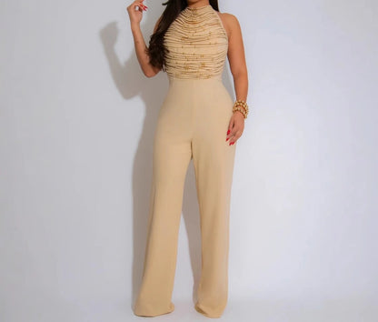 Sexy Women's Beaded Halter Jumpsuits Overalls Summer 2025 Backless Fitted Wide Legs Rompers One Piece Outfits Clubwear Party