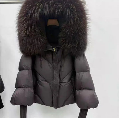 New Wool-neck Hooded Down Jacket Winter Thickened Warmth Loose Duck Down Coat Fashionable Simple Commuting Warm Women's Clothing