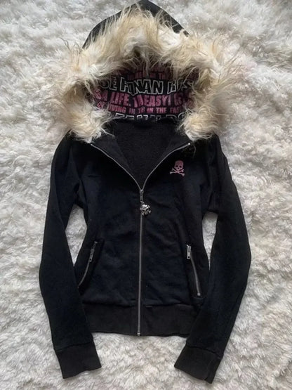 High street retro women hooded winter new item Harajuku multifunctional long sleeved wool warm zipper Gothic Y2K long sleeved