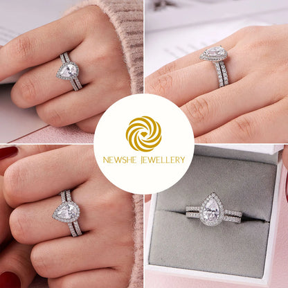Newshe 2 Pieces Certified Full Moissanite Pear Wedding Ring Sets for Women Solid 925 Sterling Silver Bridal Luxury Jewelry