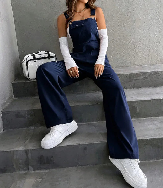 Women's Casual Bib Overalls Adjustable Shoulder Strap Pocket Wide Leg Jumpsuit Loose Straight Women Streetwear Suspender Pants