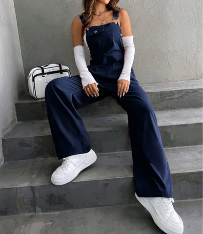 Women's Casual Bib Overalls Adjustable Shoulder Strap Pocket Wide Leg Jumpsuit Loose Straight Women Streetwear Suspender Pants