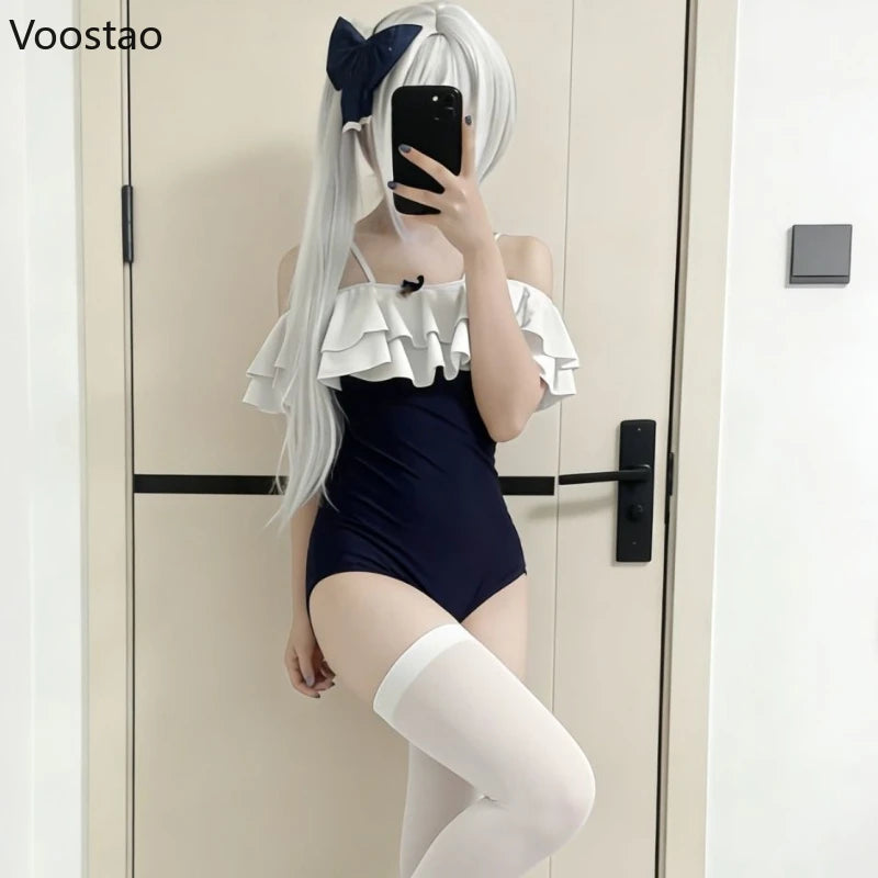 Japanese Harajuku Swimming Jumpsuits Girls Ruffles Sleeveless Straps Swimsuit Women Sexy Cosplay Bodysuit Hottie Tights Rompers