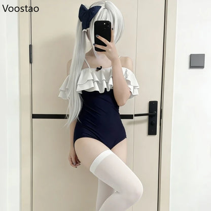 Japanese Harajuku Swimming Jumpsuits Girls Ruffles Sleeveless Straps Swimsuit Women Sexy Cosplay Bodysuit Hottie Tights Rompers