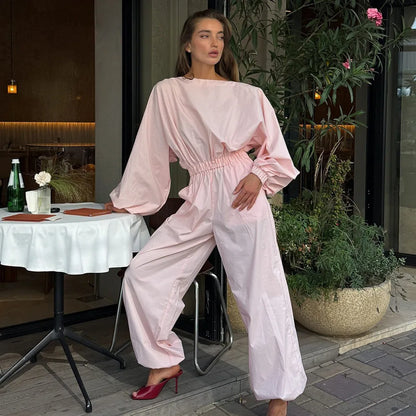 Pink One-Piece Suit Women's Spring Summer New Lantern Sleeve Backless Top Waist-Cinching Wide Leg One-Piece Suit