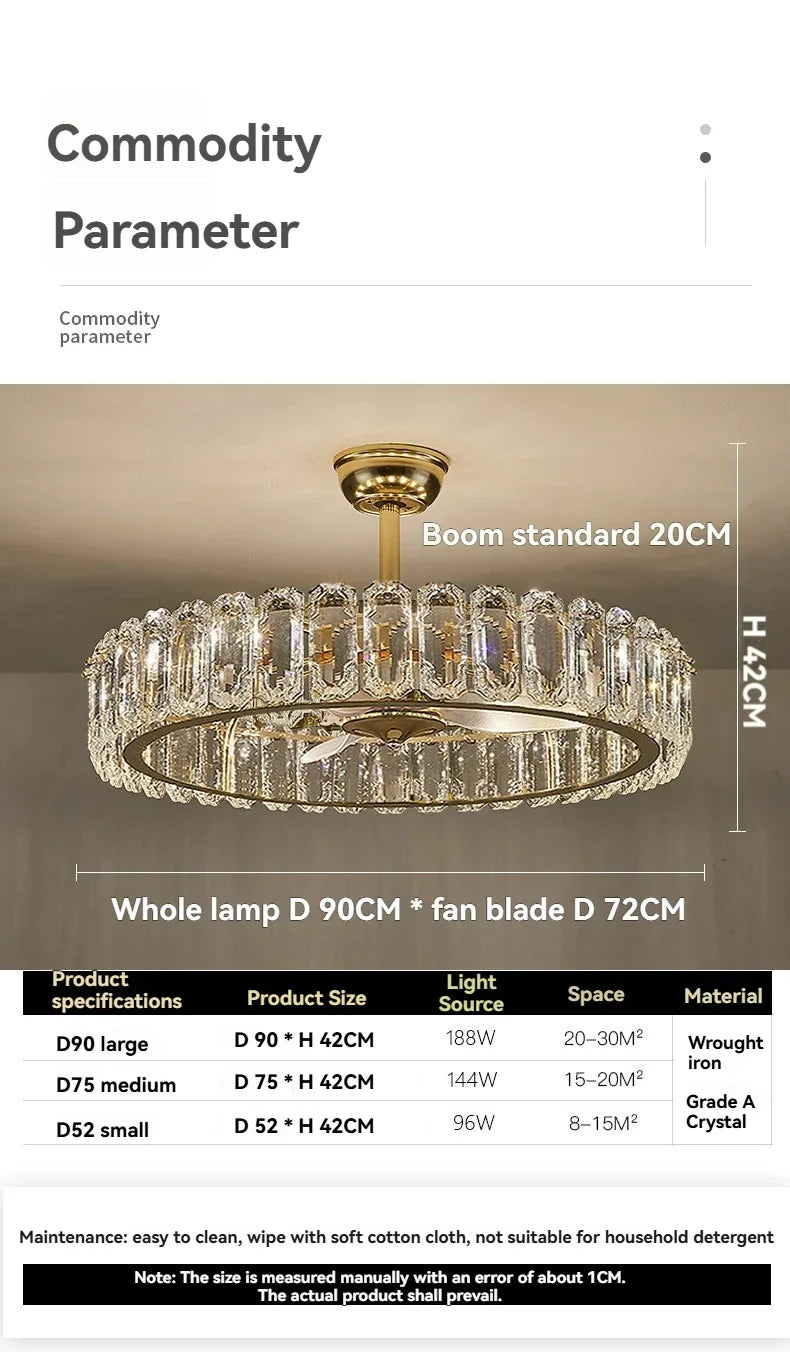Nordic Luxury Crystal Ceiling Fan Light Modern Minimalist Dining Room Hotel Pendant Lights Living Room Bedroom Silent Fan lamp