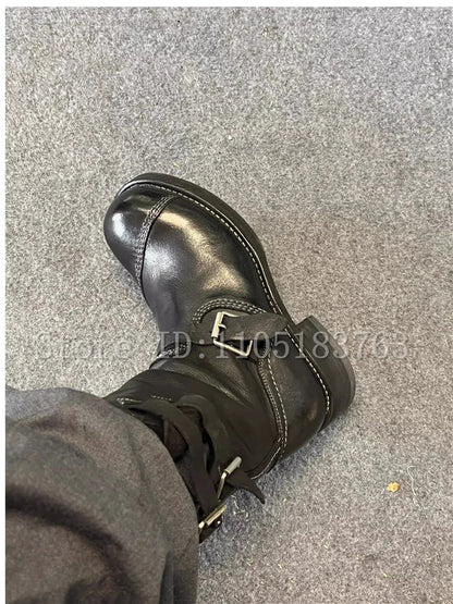 Vintage Big Toe Black Leather Motorcycle Boots Men New Fashion Buckle Strap Mid Calf Knight Boots Western Cowboy Shoes