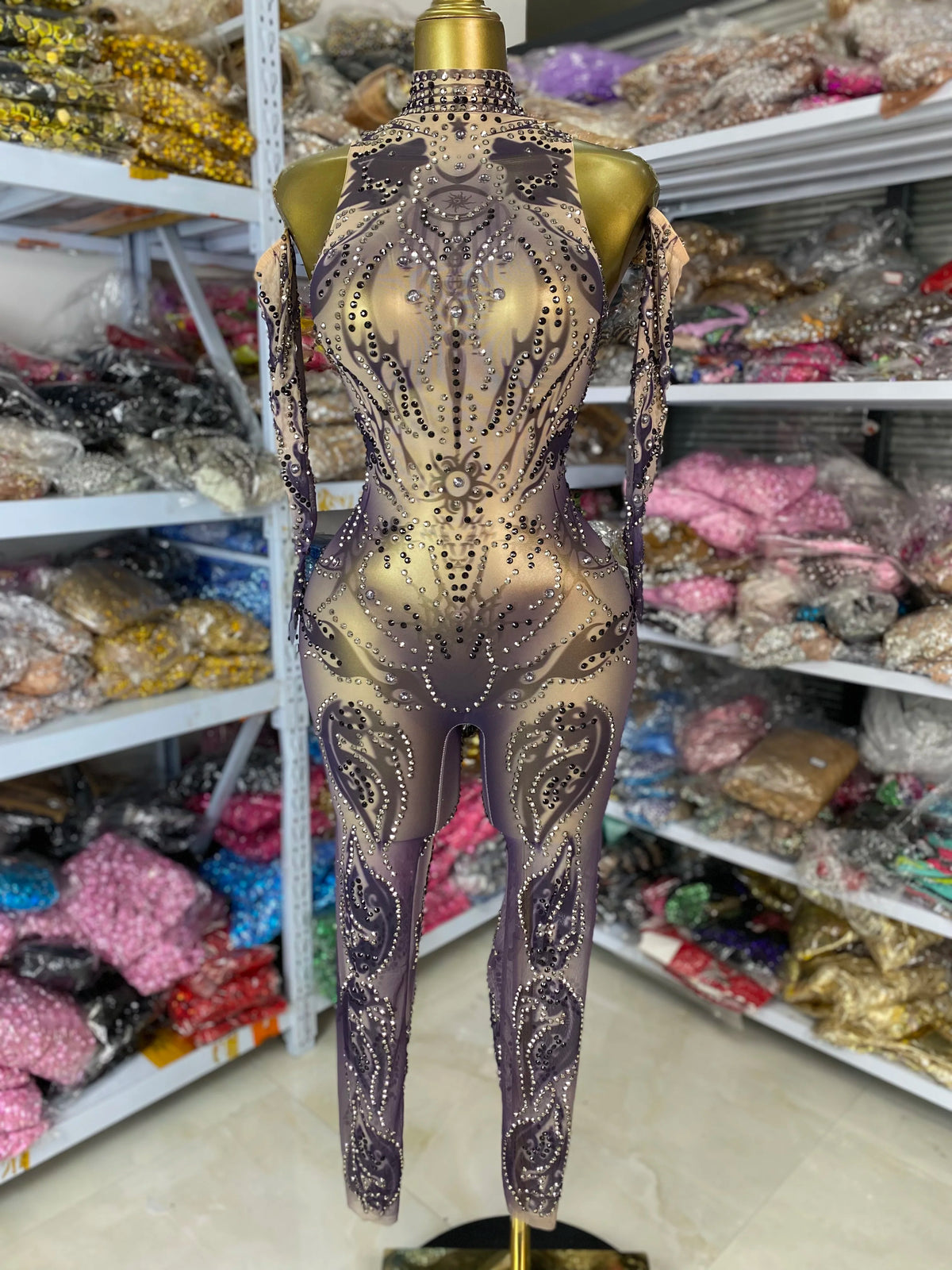Sparkly Rhinestones Printed Mesh Bodycon Green Jumpsuits With Sleeves See Through Masquerade Costume Dress Night Club DJ Gogo
