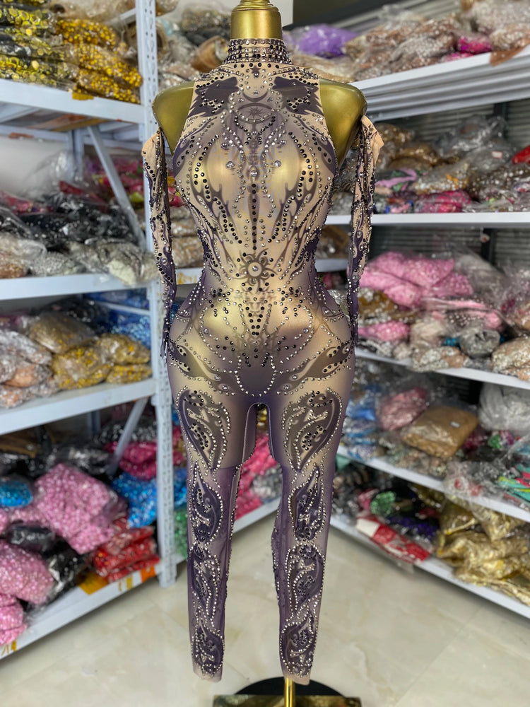 Sparkly Rhinestones Printed Mesh Bodycon Jumpsuits With Sleeves High Stretchable See Through Nightclub Performance Costumes