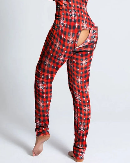 New Women Pajamas Sexy V-neck Jumpsuit Plaid Casual Long Sleeve Pyjama Button-down Front Functional Buttoned Flap Sleepwear