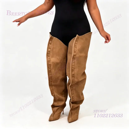 Wide Leg Loose Fitting Brown Suede Boots Women Long Pleated  Stiletto Heels Pointed Toe Summer Denim Khaki Party Cool Girl Shoes